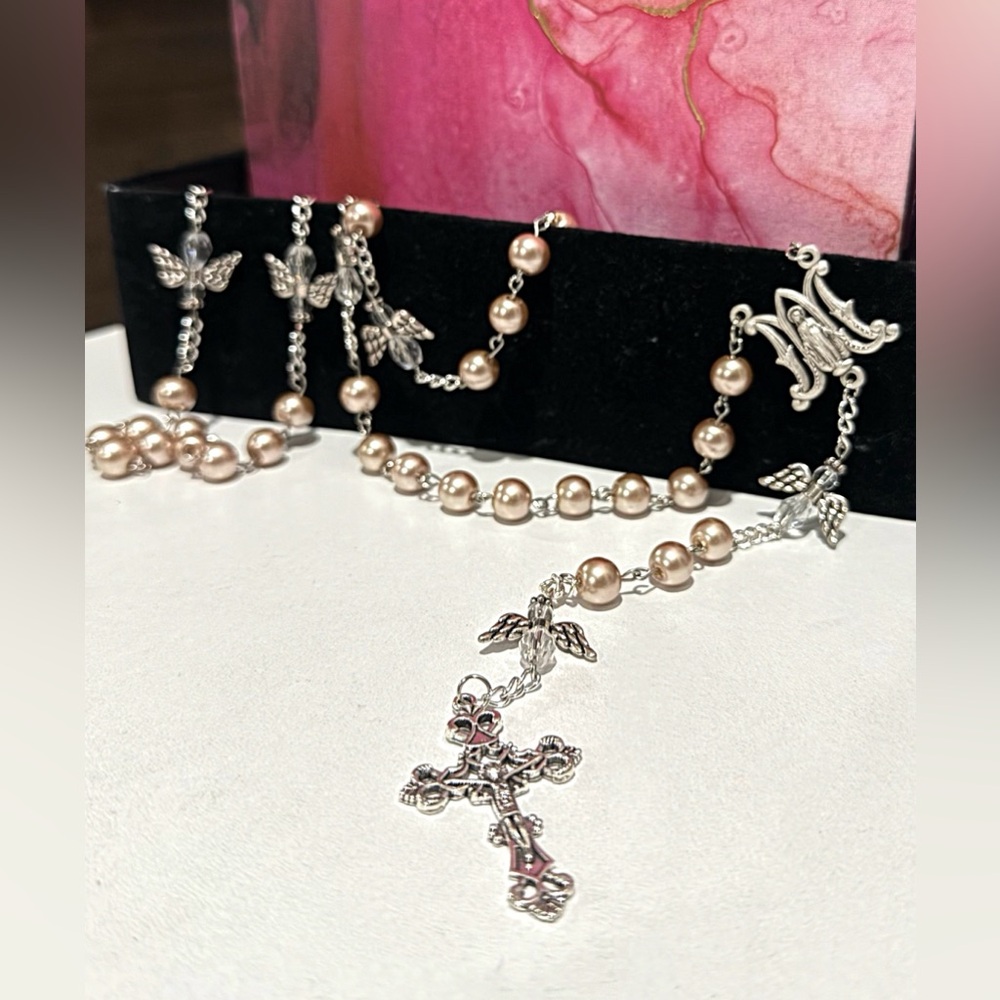 Handmade Pink Beige Pearl Rosary with Angel Mysteries